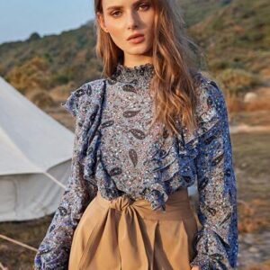 SHEIN Long Sleeve Printed High Neck Blouse