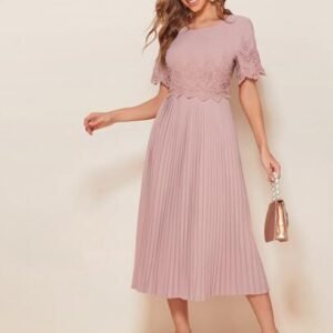 SHEIN Modely Guipure Lace Accordion Pleated Midi Dress