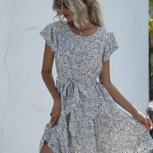 SHEIN LUNE Tie Neck Ruffle Hem Belted Dress