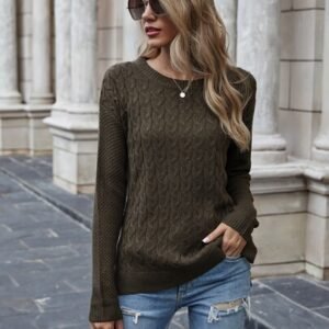 SHEIN LUNE Solid Color Minimalist Crew Neck Long Sleeve Army Green Sweater