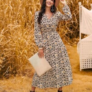 SHEIN Bishop Sleeve Allover Print A-line Dress