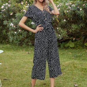 SHEIN Printed V Neck Short Sleeve Jumpsuit