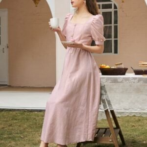 SHEIN Square Neck Puff Sleeve Pearls Button Front Dress