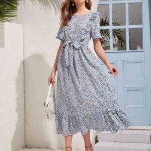 SHEIN Buy Womens Printed Fit and Flared Belted Dress