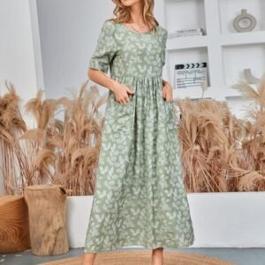 SHEIN Mulvari Leaf Print Batwing Sleeve Pocket Patched Dress