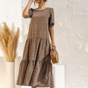 SHEIN Holidaya Dalmatian Print Puff Sleeve Ruffle Hem Dress