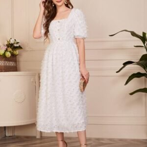 SHEIN Puff Sleeve Button Front Fuzzy Dress