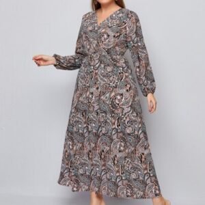 SHEIN Plus Random Paisley Print Lantern Sleeve Belted Dress