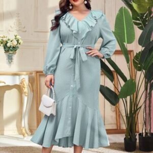 SHEIN Plus Ruffle Trim Self Belted Polka Dot Dress