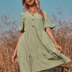 SHEIN Bell Sleeve Ruffle Hem Allover Print Smock Dress