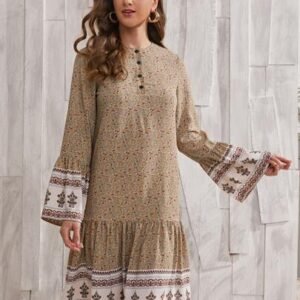 SHEIN LUNE Flounce Sleeve Ruffle Hem Button Front Printed Dress