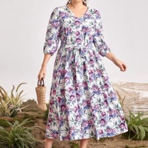 SHEIN Mulvari Floral Puff Sleeve Belted Dress