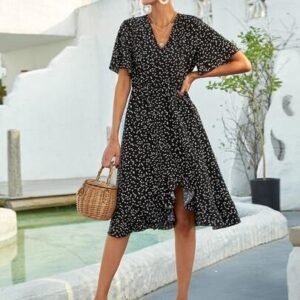 SHEIN Confetti Heart Print Ruffle Hem Dress