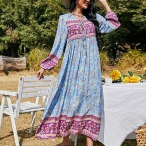 SHEIN Summer Casual Tie-up V Neck Long Sleeve Vintage Floral Pattern Wrap Ladies Maxi Long Dress