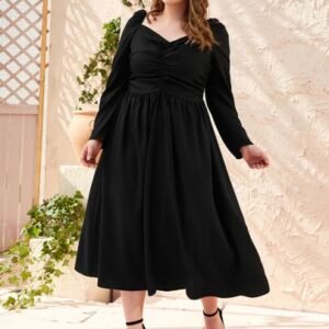 SHEIN Plus Puff Sleeve Ruched Front Solid Dress