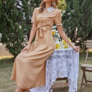 SHEIN Contrast Print Collar Button Front Belted Dress