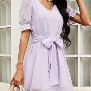 SHEIN V Neck Swiss Dot Belted Chiffon Dress