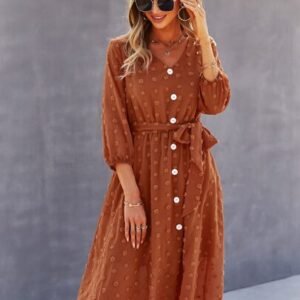 SHEIN Dot Long Sleeve V Neck Bandage Buttons High Waist Dress