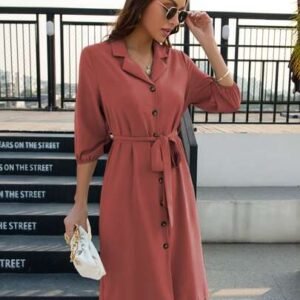 SHEIN VCAY Solid Button Front Belted Shirt Dress