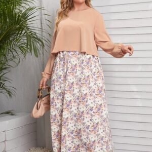 SHEIN Modely Plus Size Women Ditsy Floral Stand Collar Long Sleeve Dress, Elegant Maxi Women Outfit Long Evening Dresses