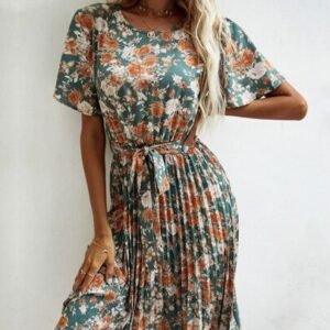 SHEIN Short Sleeve Floral Belted Casual Midi Pleated Dress