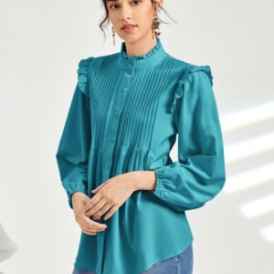 SHEIN Frill Neck Pleated Button Up Blouse