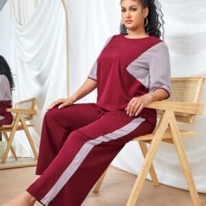 SHEIN Plus Size Solid Color Patchwork Mid-Sleeve Simple Top And Pants Casual 2pcs Set