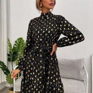 SHEIN Priv? Gold Dot Print Belted A-line Dress