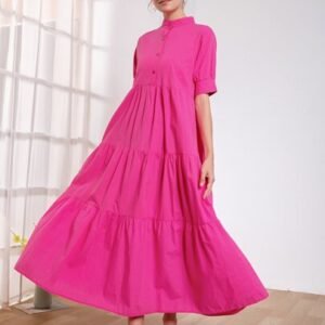 SHEIN Tiered Mock Neck Detail Long Maxi Dress - Pink