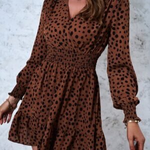 SHEIN Surplice Neck Dalmatian Print Shirred Ruffle Hem Dress