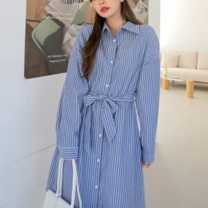 SHEIN DAZY Striped Print Drop Shoulder Belted Shirt Dress