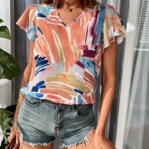 SHEIN Allover Print V Neck Blouse