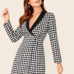 SHEIN Shawl Collar Wrap Button Front Plaid Blazer Tweed Dress