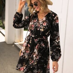 SHEIN Shirred Cuff Floral Print Dress
