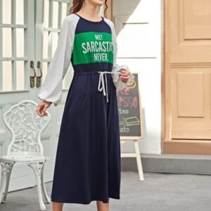 SHEIN Mulvari Striped & Letter Graphic Round Neck Drawstring Waist Dress