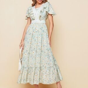SHEIN All Over Floral Print Short Sleeve Frill Neck Dress