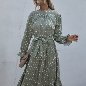 SHEIN Polka Dot Frill Neck Pleated Belted Dress