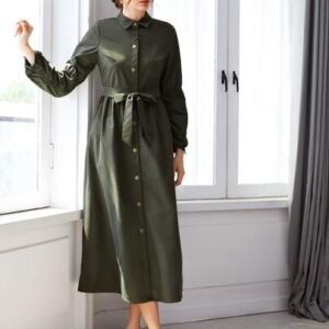 SHEIN Button Front Collared Long Sleeve Belted Shirt Dress