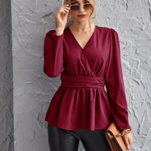 SHEIN Burgundy Surplice Neck Peplum Top