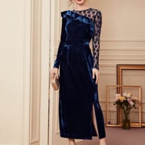 SHEIN Modely Contrast Mesh Ruched Sleeve Velvet Dress