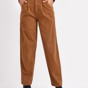 SHEIN Slant Pocket Fold Pleated Corduroy Straight Leg Pants