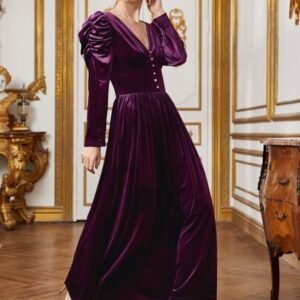 SHEIN Gigot Sleeve Button Front Velvet Dress