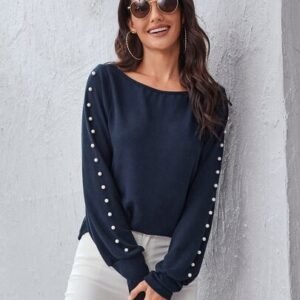 SHEIN Pearl Beaded Drawstring Long Sleeve Top