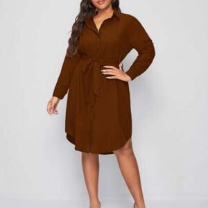 SHEIN Holidaya Plus Lantern Sleeve Belted Shirt Dress