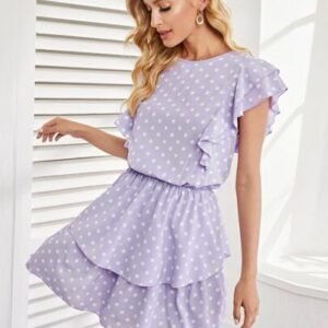 SHEIN Polka Dot Round Neck Short Sleeve Ruffle Hem Dress