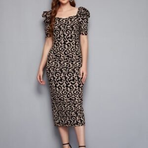 SHEIN Leopard Print Puff Sleeve Slit Hem Dress