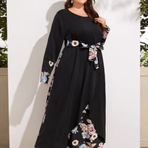SHEIN Mulvari Plus Floral Print Flounce Sleeve Belted Dress Maxi Women Outfit