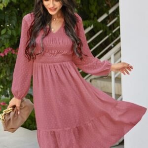 SHEIN V Neck Swiss Dot Long Sleeve Midi Dress