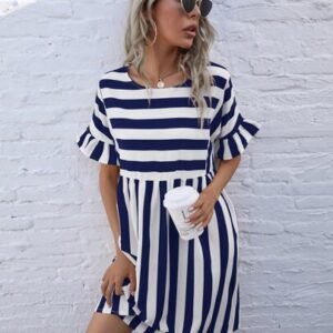 SHEIN LUNE Two Tone Striped Flounce Sleeve Babydoll Dress