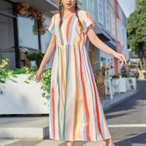 SHEIN Mulvari Rolled Sleeve Colorful Stripe Smock Dress